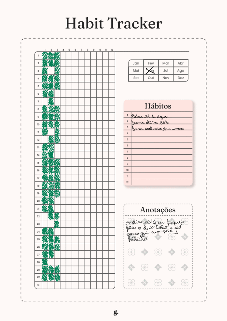 Habit tracker para imprimir: dicar rápidas + template gratuito 2 Habit tracker preenchido com os exemplos de hábitos listados acima para mostrar como usar o template.