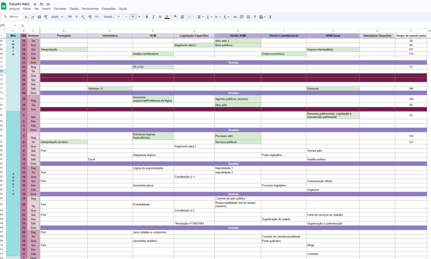 Imagem da planilha do Google com a organização das matérias para meu estudo para concurso, exemplificando como voltar a estudar depois de muito tempo